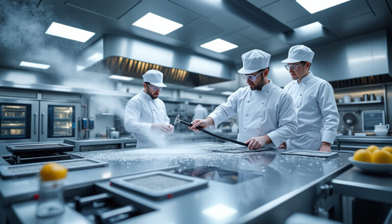 découvrez comment le nettoyage cryogénique révolutionne la propreté et l'hygiène dans les cuisines industrielles. cette méthode innovante utilise des pellets de glace carbonique pour éliminer efficacement les graisses, les résidus et les bactéries, garantissant ainsi un environnement de travail sain et conforme aux normes sanitaires.